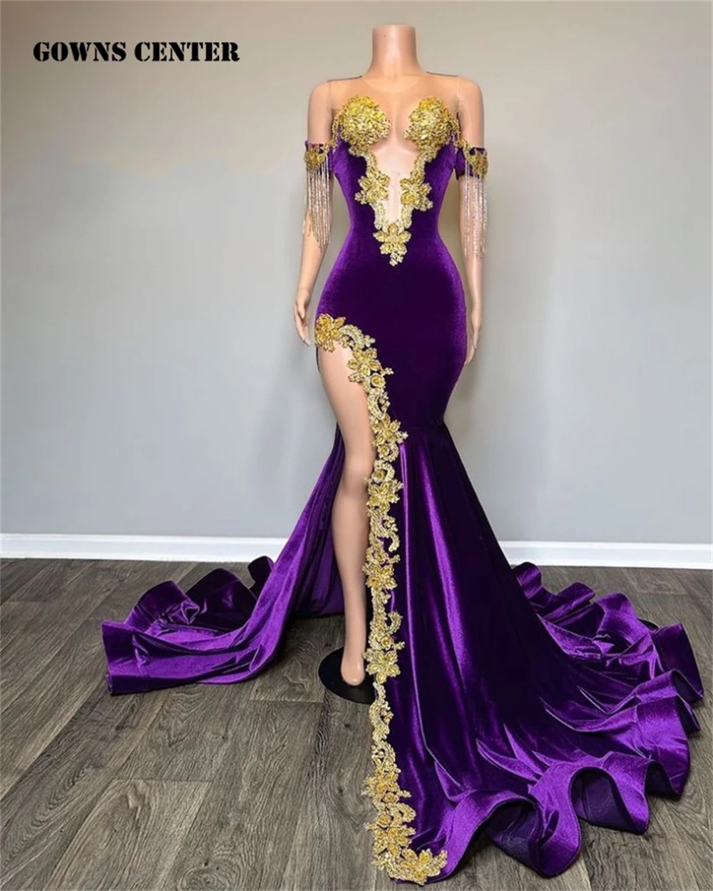 

Sexy Gold Beaded Lace Applique Tassels Purple Velvet Tassels Prom Dresses For Black Girls Mermaid Formal Occasion Dress