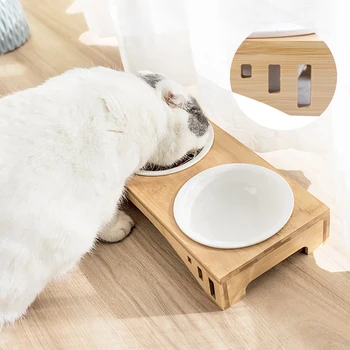 Cat Bowl Feeding And Water Double Bowls Feeding Station Non-Slip Cat Accessories With Raised Bamboo Stand 4
