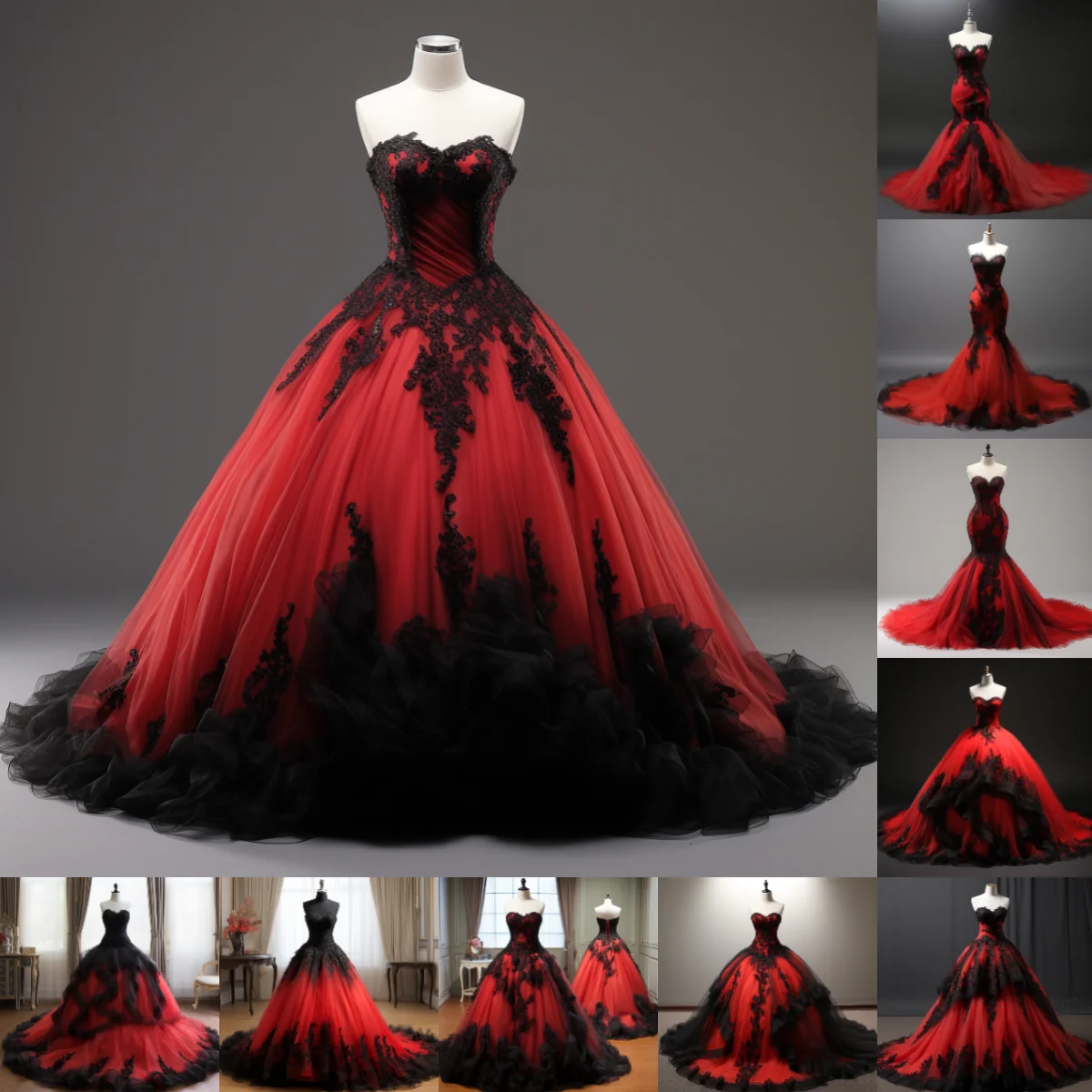 

New Red and Black Lace Edge Applique Strapless Ball Gown Mermaid Full Length Evening Dress Formal Occasion Elagant Clohing W3-2