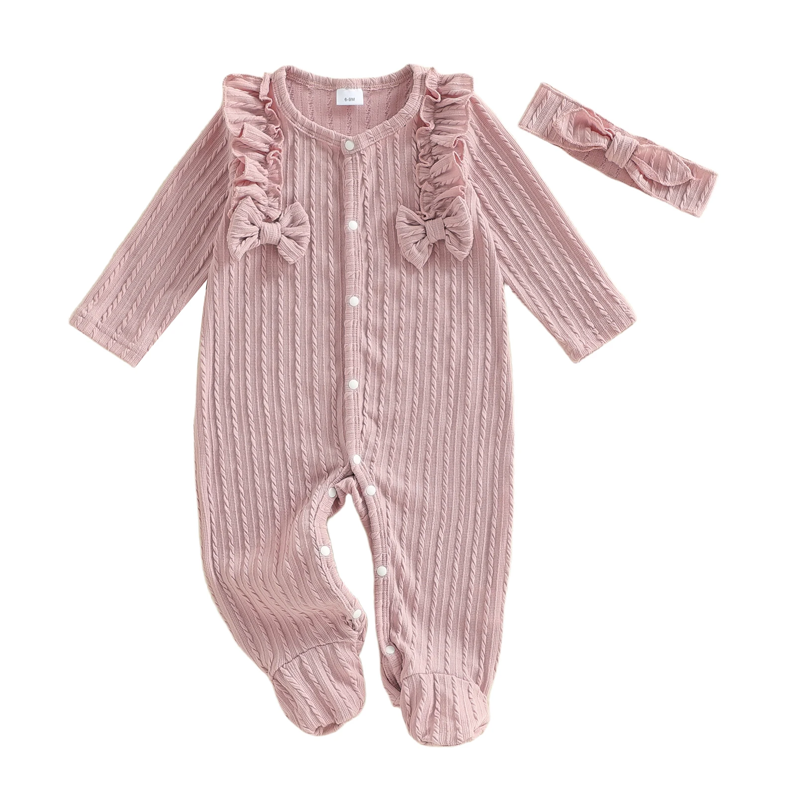Baby Girl Footed Romper Duck Solid Color Bow Ruffled Long Sleeve Round Neck Jumpsuit with Bow Headband 3