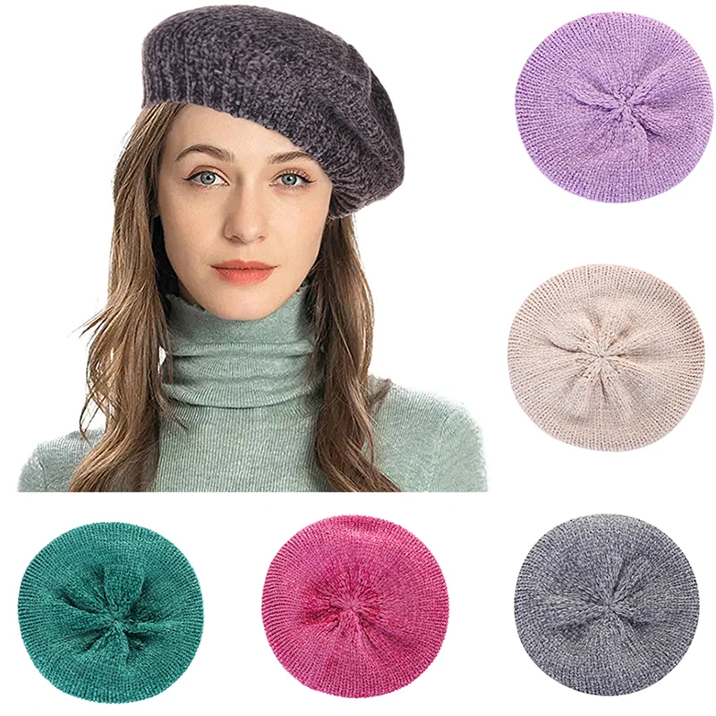 NewFashionWomenKnittedChenilleBeretHatsForLadyWinterBerets