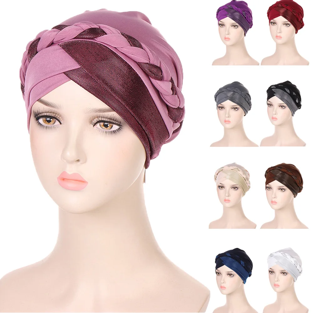 Muslim Turban Glitter Braids Women Forehead Cross Inner Hijab Islamic Head Wrap Arab Underscarf Bonnet Stretchy Chemo Cancer Cap