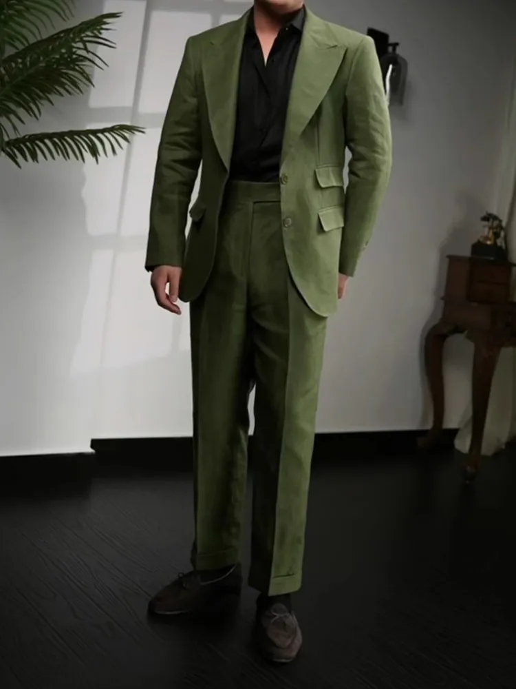 British Style Vintage Office Mens Business Casual Linen Suits Sets Slim Fit Blazers High Waist Straight Pants Men Two Piece Set
