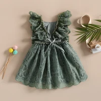 0-24months Baby Girl Summer Lace Romper Dress Ruffle Sleeve Backless Solid Green Pink Brown Bodysuit Dress For Infant Girls 3