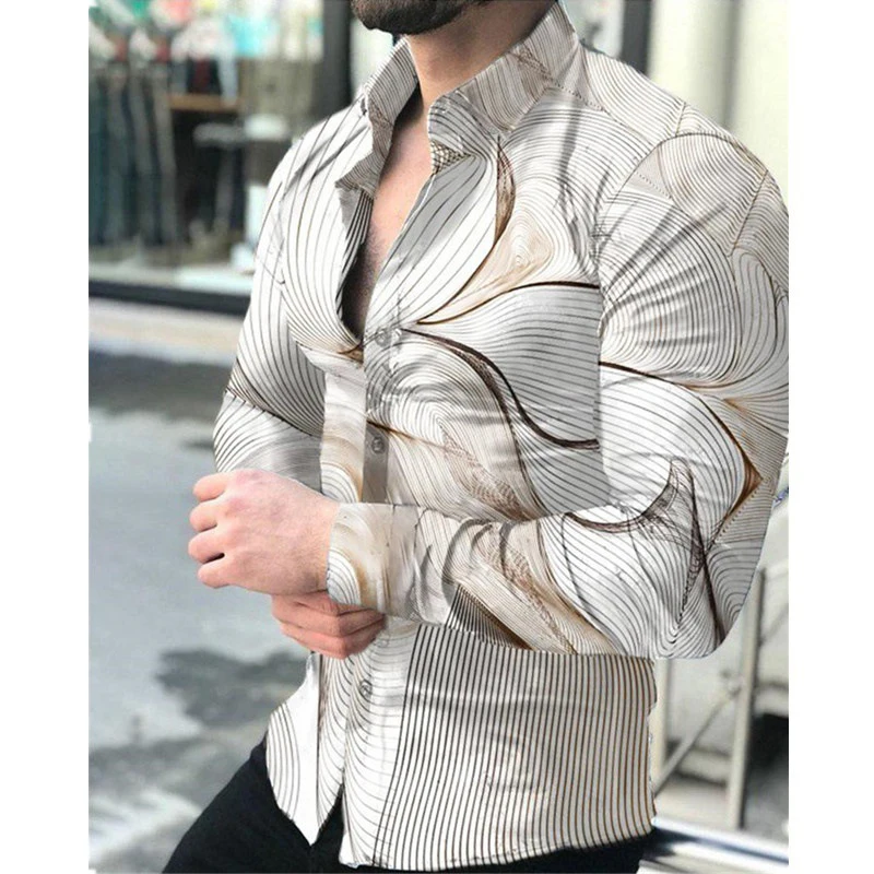 

New Fashion Men Shirts Turn-down Collar Buttoned Shirt Casual Designer Stripe Print Long Sleeve Tops Men's Clothes Club Cardigan
