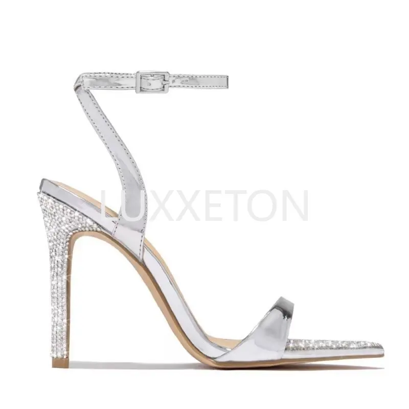 

2023 New Elegant Party Sandals Women's Wedding Shoes Fashion Sexy Crystal Rhinestone Buckle Pointed Stripe High Heels Gold