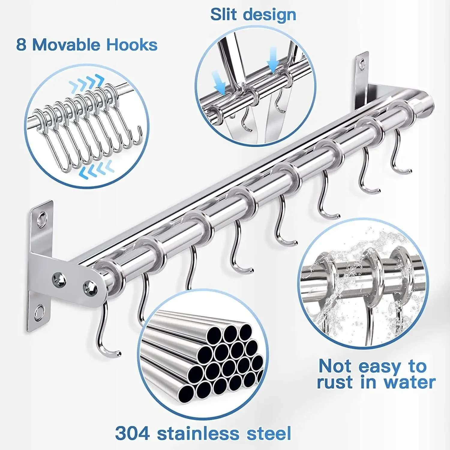 Storage Tool Holder Kitchen Stainless Steel Bathroom Bar Ladles, Pan, Cups, Umbrellas, with 7 Hooks Furniture Binary Wall 3