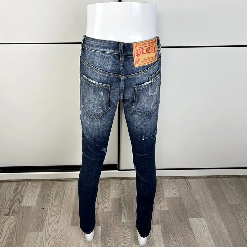 Street Fashion Men Jeans High Quality Retro Blue Elastic Vintage Slim Ripped Jeans Destroyed Patched Designer Brand Pants Hombre