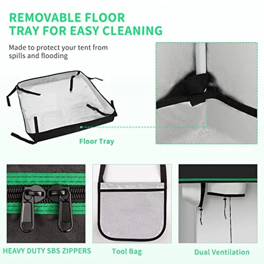 Observation Window Hydroponic Reflective Plant Growing Tent 24"x24"x48" 600D Mylar Floor Tray Block Light Metal Rods Indoor