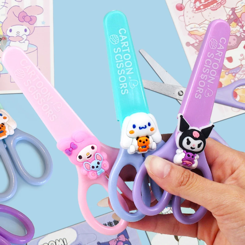 Kawaii MINISO 안전 가위 커버 포함 Kuromi 헬로 키티 마이 멜로디 가위 귀여운 DIY 커팅 세트 학교 문구 용..
