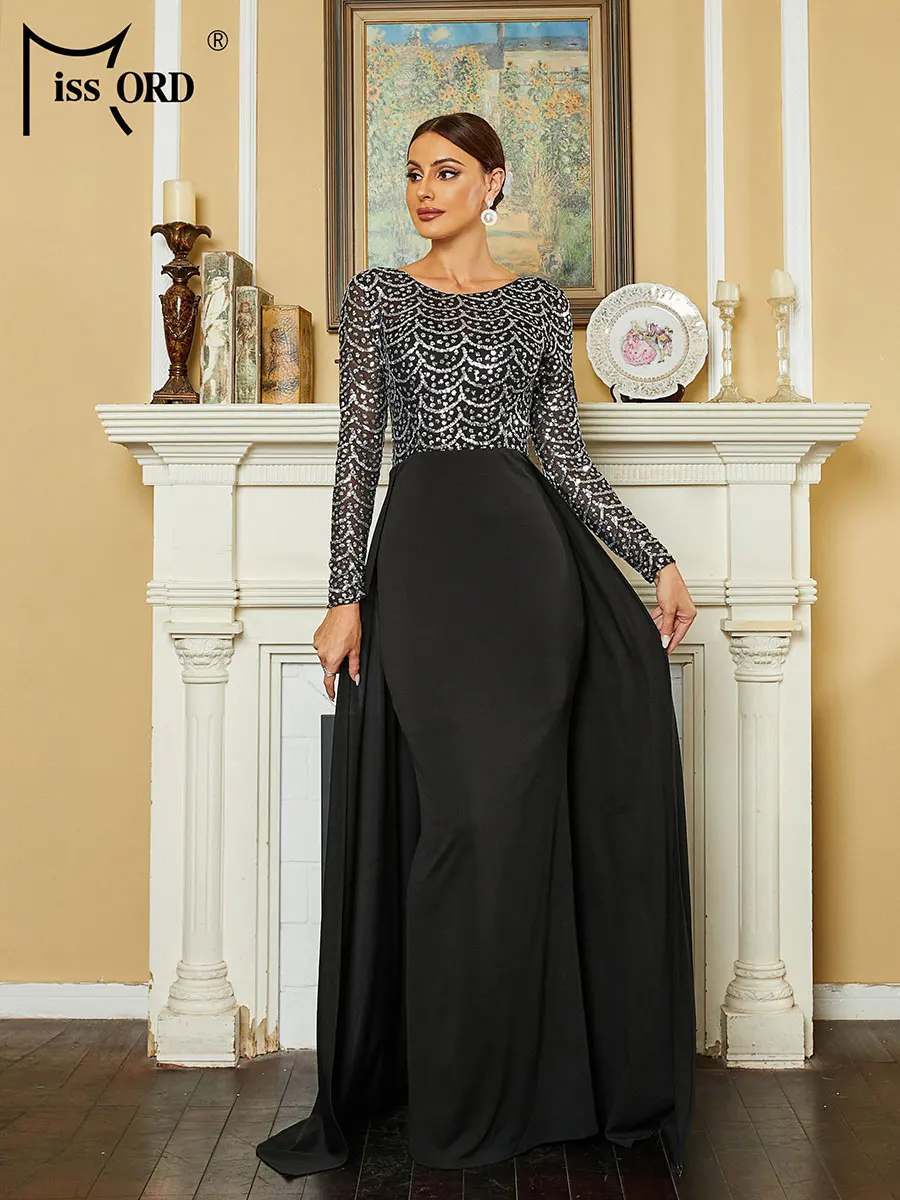 

Missord Elegant Black Prom Dress With Train Women O-Neck Long Sleeve Sequin Patchwork Bodycon Wedding Party Evening Dresses Gown