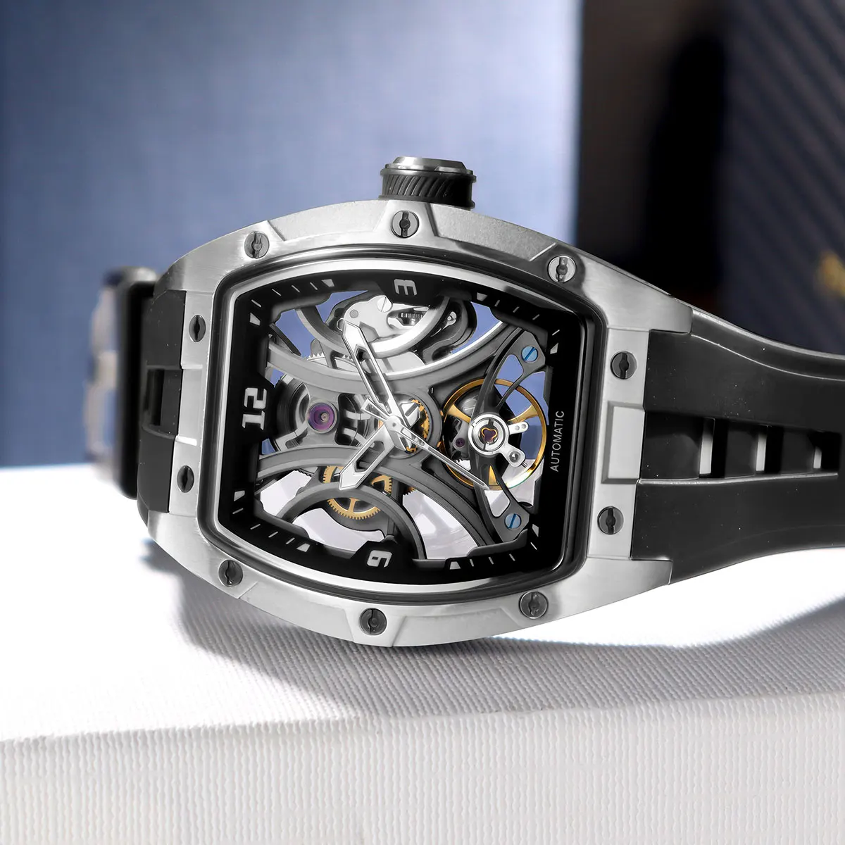 MEGIR Sports Style Automatic Mechanical Watch for Men Full Hollow Transparent Dial Design Stainless Steel Case Silicone Strap - 3