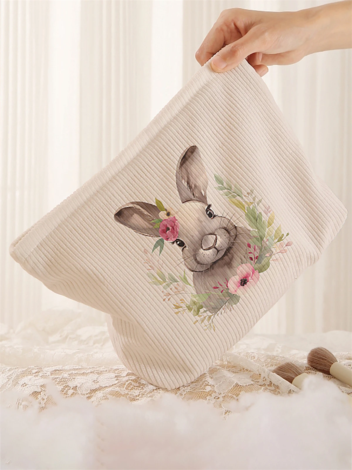 1 rabbit patterned corduroy makeup bag, lightweight zipper makeup storage box, multifunctional bag with lining