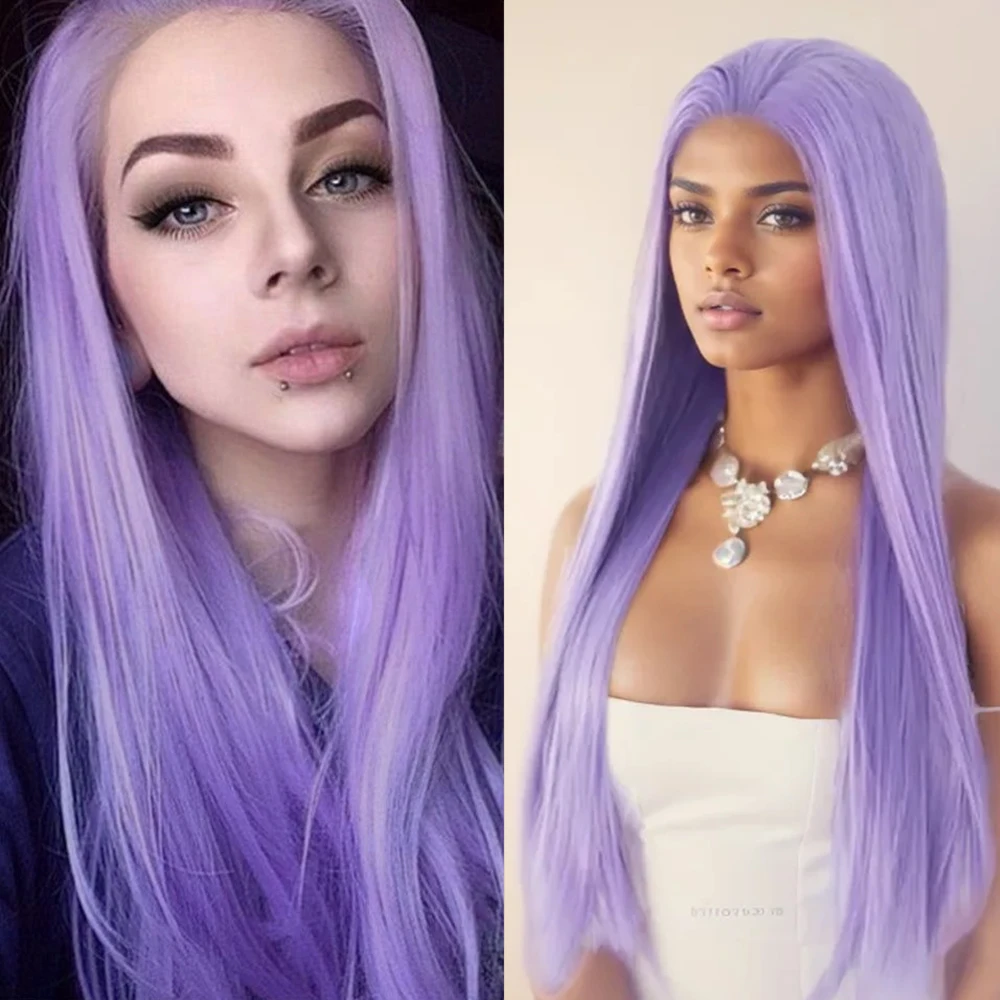 Lace Front Wig Purple Straight Synthetic Hair Natural Hairline Glueless For Women Cosplay Part Lace