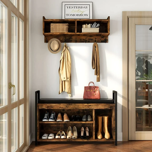 Industrial 4 Tier Shoe Rack w/ Coat Rack Entryway Table Hall Tree w/ 2  Drawers