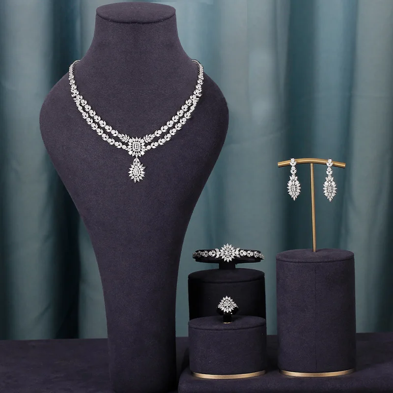 Dazzling Women Wedding Jewelry Set 4 Pcs Ring Earring Bracelet Necklace