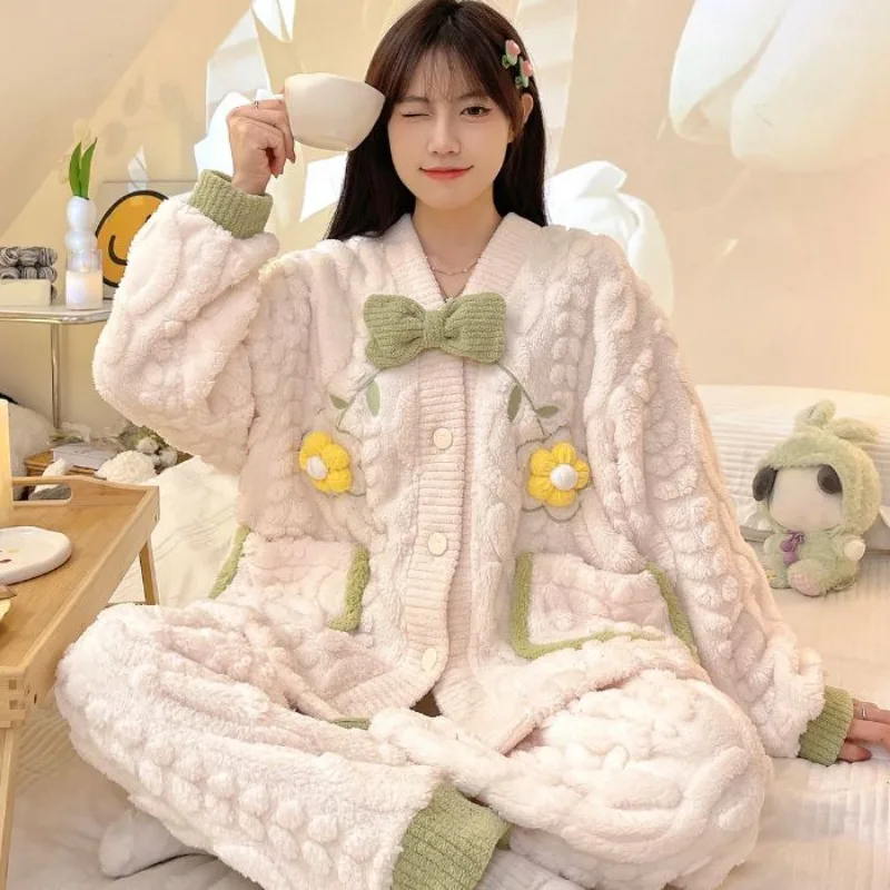 2024 New Pajamas Set Women's Autumn Winter Coral Velvet Nightgowns Thickend Fleece Teens Sweet Cute Student Dorm Loungewear Suit