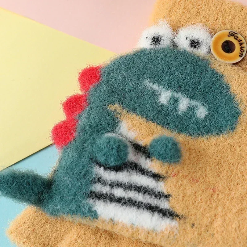 New Kawaii Cartoon Dino Kids Gloves Half Finger Flip Gloves for Boys Girls Children Winter Warmth Writing Gloves 3-6T 4