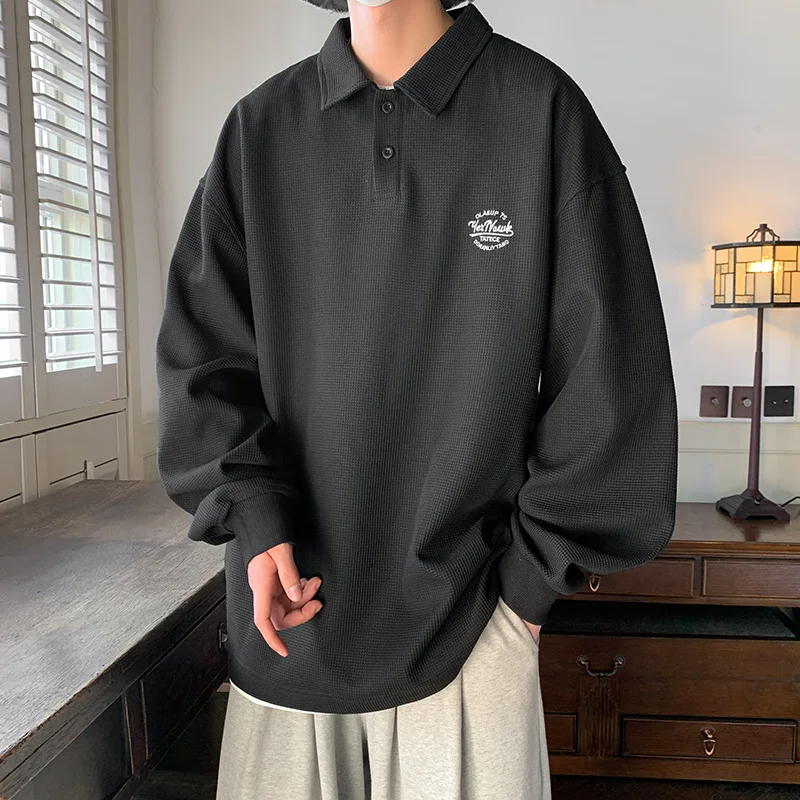 

Autumn Men's Waffle Long Sleeve T-shirt Letter Embroidered Korean Tops Streetwear Harajuku Oversized Male Pullovers Tshirt