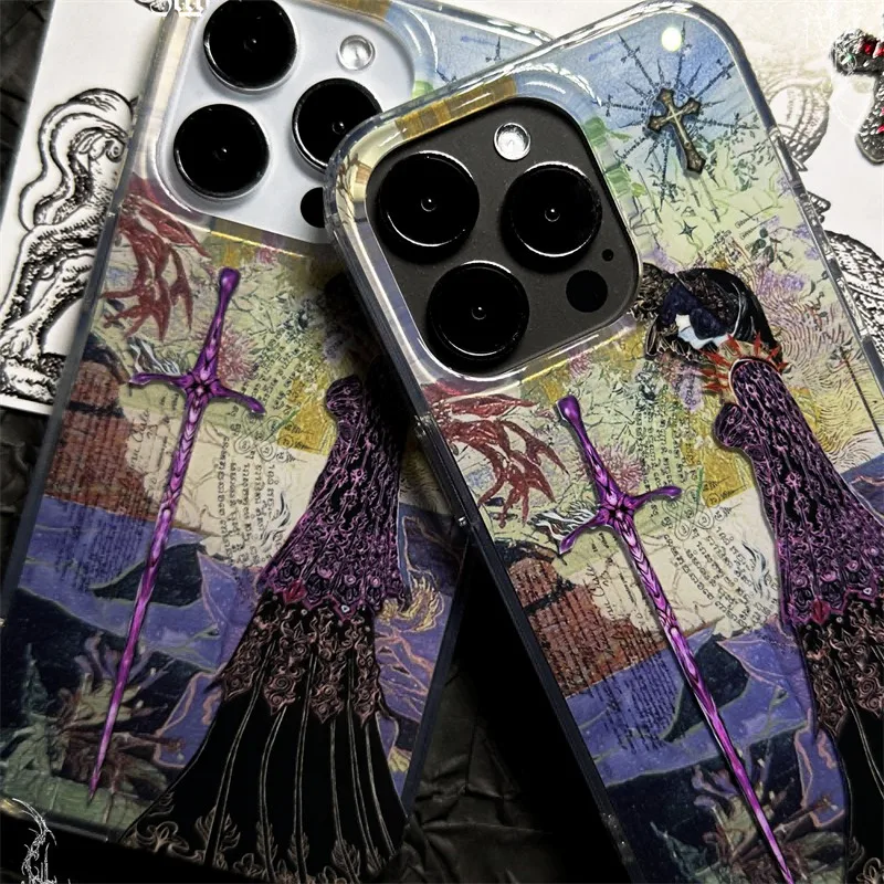 Vintage Angel Cross Feather Texture Phone Case with Retro Design