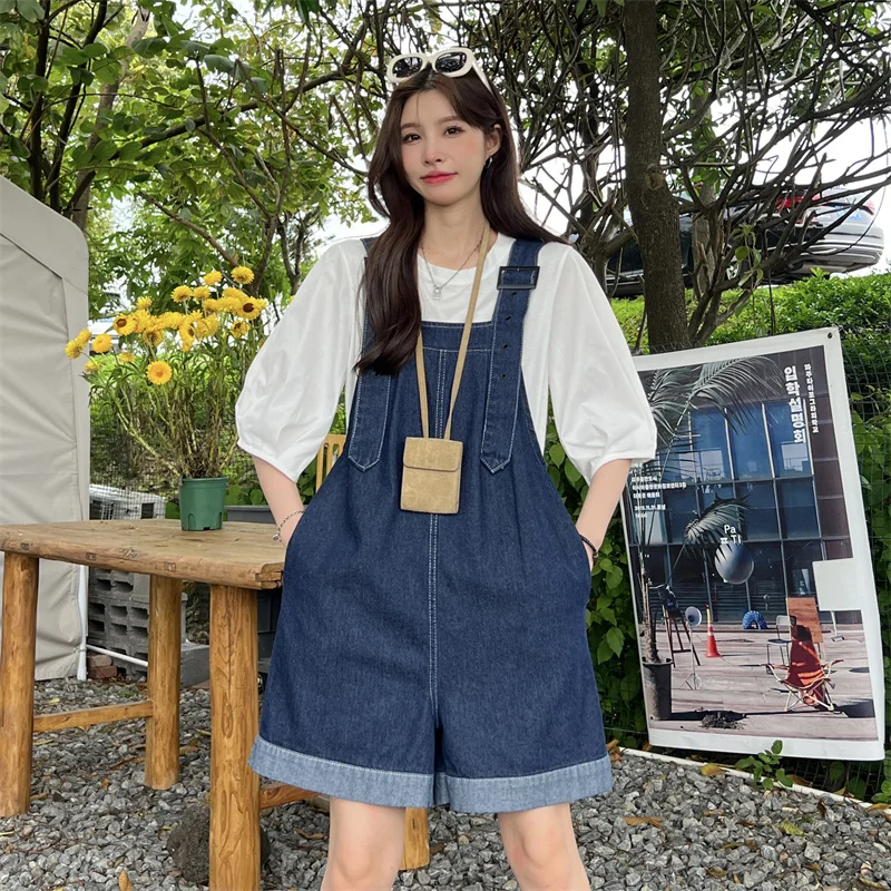 Overalls Shorts For Women's Summer Denim Shorts Korean Style Wide Leg Jeans Blue High Waisted Baggy Crimping Y2k Fashion Shorts