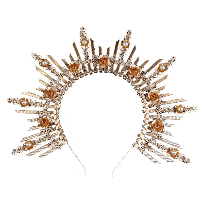 

DAZCOS Halo Crown Goddess Headpiece Gold Queen Spikelet Flower Headband Lolita Halo Hair Crown Funny Dress Hair Hoop Halloween