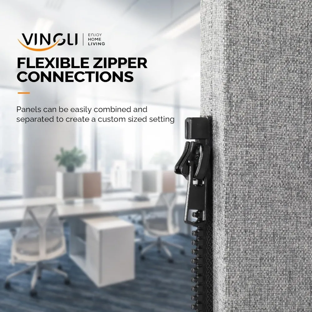 Room Divider Screen, Freestanding Privacy Partition Wall, Zipper Connected Panels with Wheels, Office Space Separator Light Gray 3