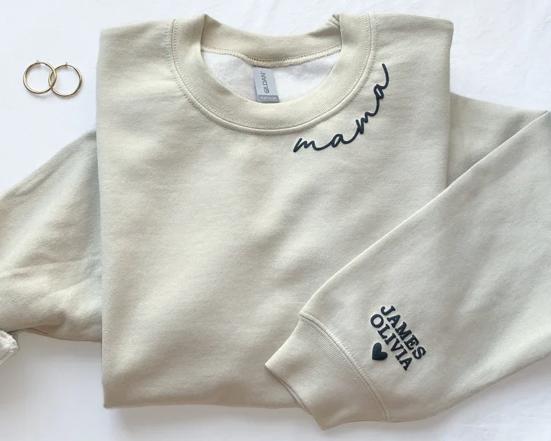 Personalized Mama Sweatshirt with Kid Names on Sleeve Minimalist Neckline Sweater Mothers Day Gift New Mom Gift Birthday Gift