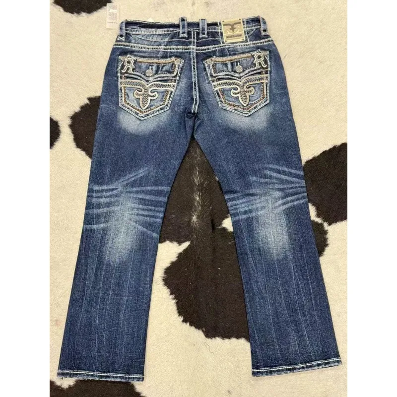 2024 Summer Blue Embroidered Men's and Women's New Heavy Street American Retro Trendy Washed High-Elastic Flare Jeans Hot Sale 1