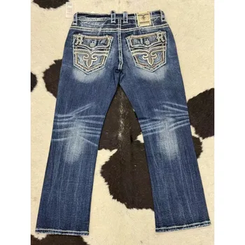 2024 Summer Blue Embroidered Men's and Women's New Heavy Street American Retro Trendy Washed High-Elastic Flare Jeans Hot Sale 1