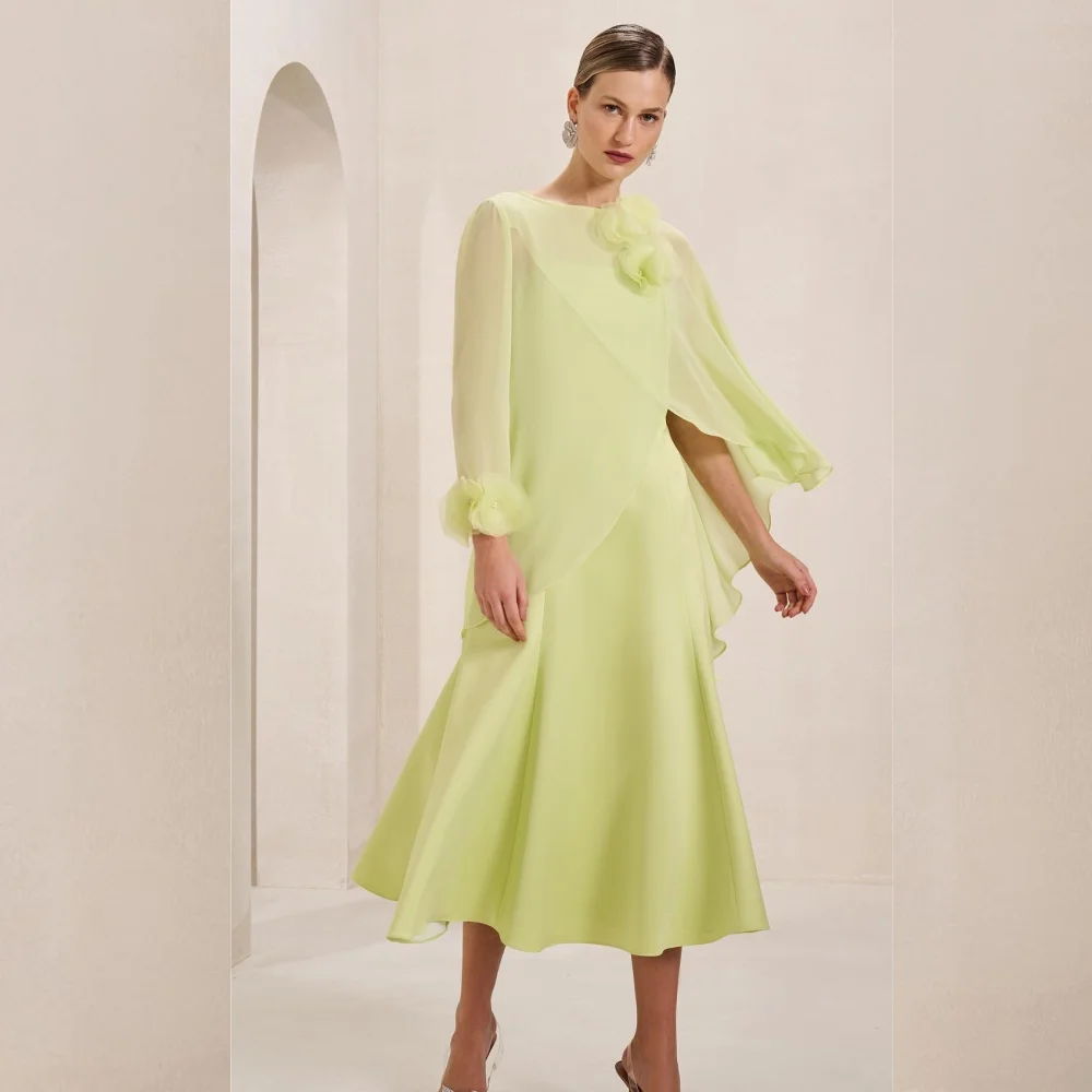 

High Quality Chiffon Handmade Flower Rhinestone Pleat Ruched Draped A-line High Collar Midi Dresses Cocktail Dresses Pastrol