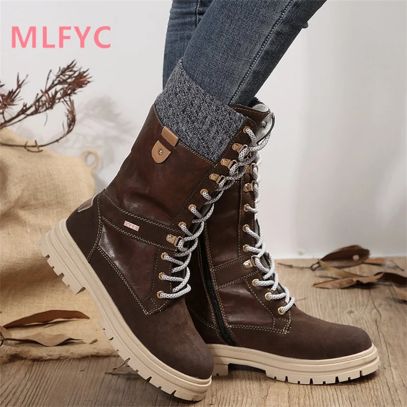 Winter Round Head Low Heel Side Zipper Large Mid Size Boots Women's Fashion Casual Boots Simple Boots Mujer