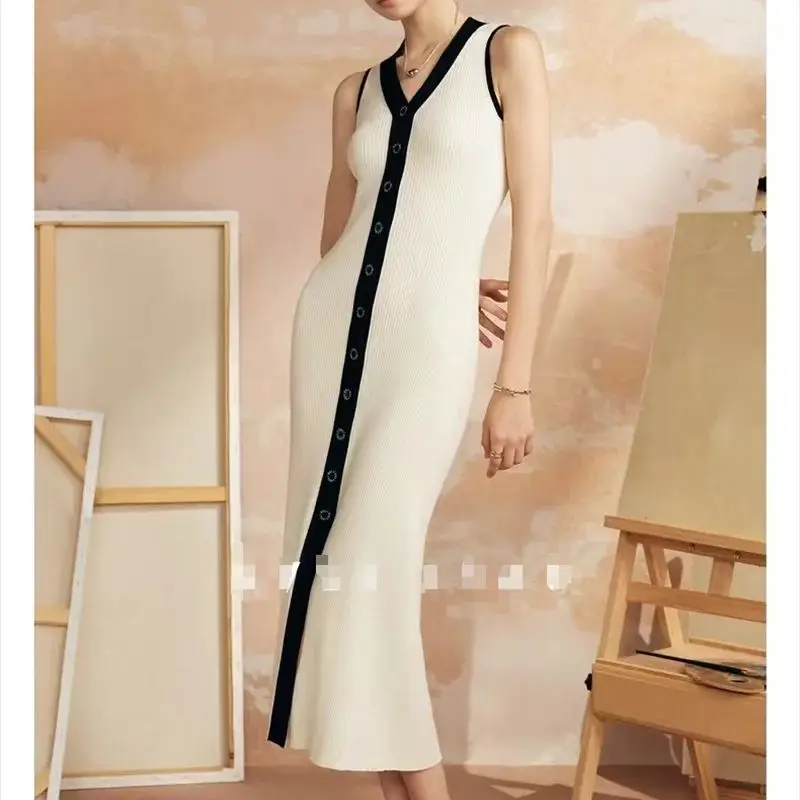 Summer Elegant Single Breasted Knitted Dress Women V-Neck Sleeveless Patchwork A-Line Dress Office Lady Midi Vest Vestidos ﻿A005