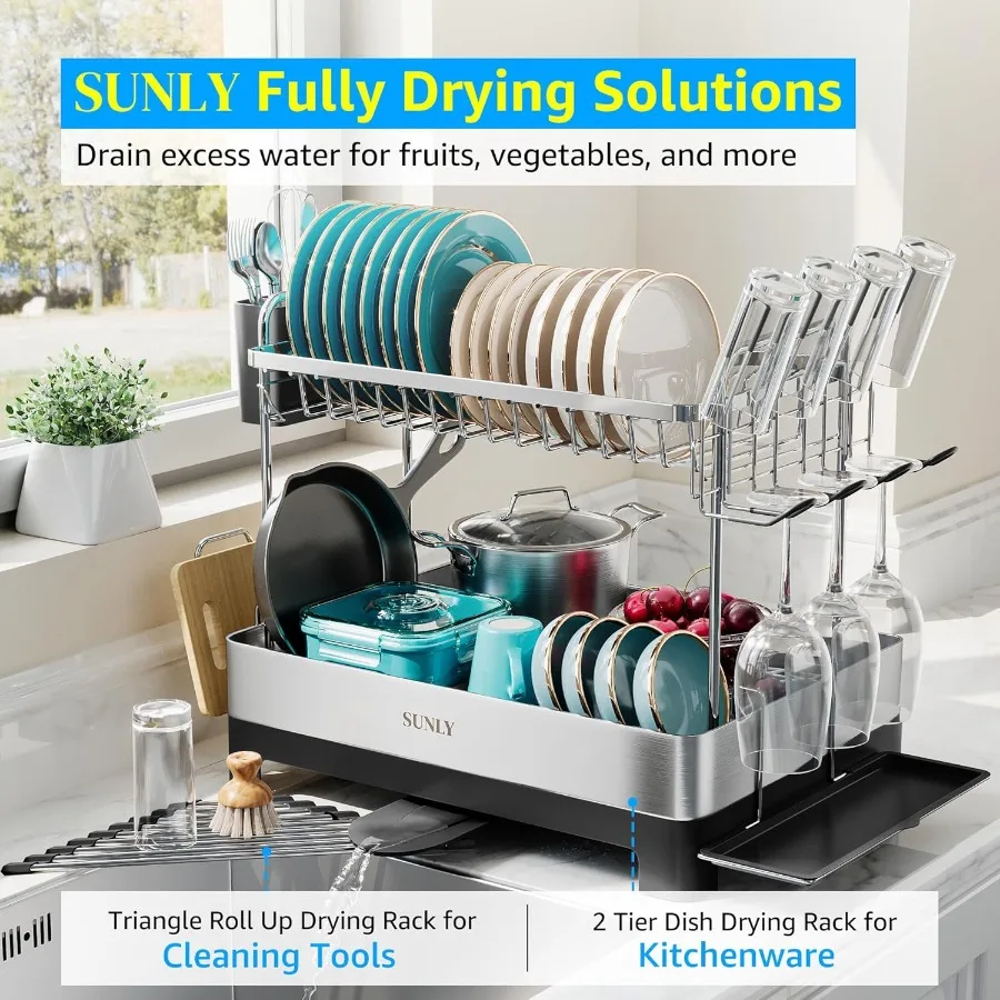 2 Tier Dish Drying Rack Extra Large Dish Rack Multifunctional Large Dish Drainers for Kitchen Counter 304 Stainless Steel Kitch