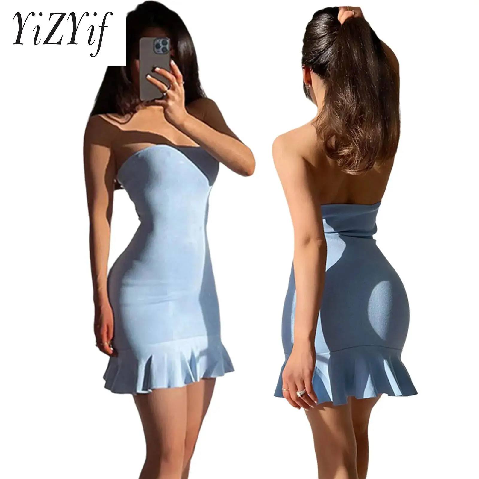 

Womens Sexy Strapless High Waist Hip Wrap Mini Bodycon Dress Backless Solid Ruffled Hem Dress Pullover Dress for Party Club