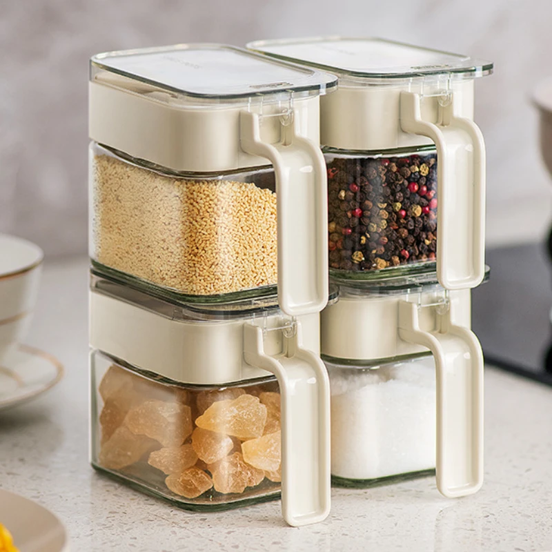 Condiment Jar Spice Container Sugar and Salt Container Set Glass Seasoning Box with Spoon Dustproof Lid and Handle