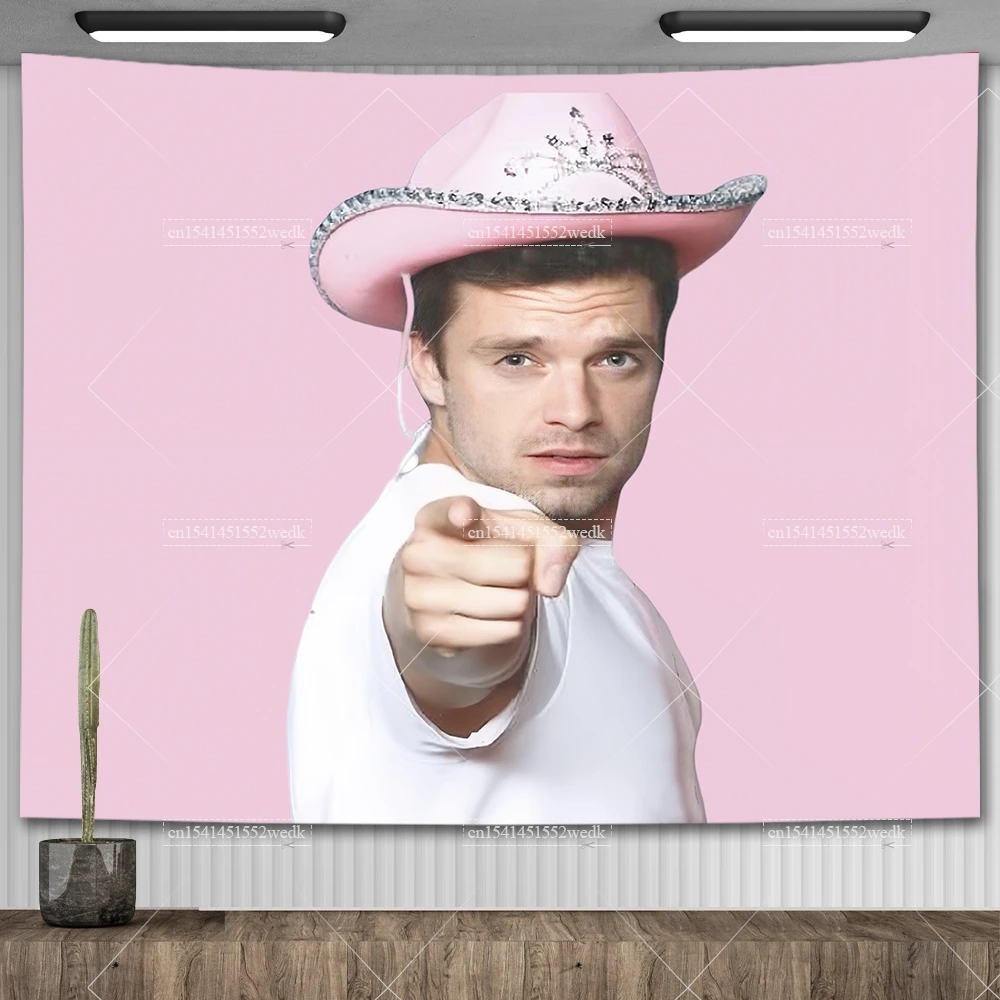 Sebastian Stan Tapestry Wall Decor Posters Funny Cowboy Hat Meme Tapestry Aesthetic Room Decoration Party Backdrops