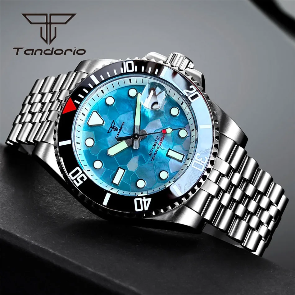 Tandorio NH35A 40mm Fashion 20Bar Men's Dive Automatic Wristwatch Greenish Blue MOP Dial Rotating Bezel Sapphire Luminous Date