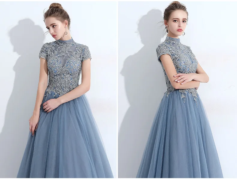 J2177 Blue Evening Dresses Elegant Women Vestido Stand Collar High-Neck Backless Floor Length Ball Gown Lace Up Tulle Long Dress long sleeve evening dresses