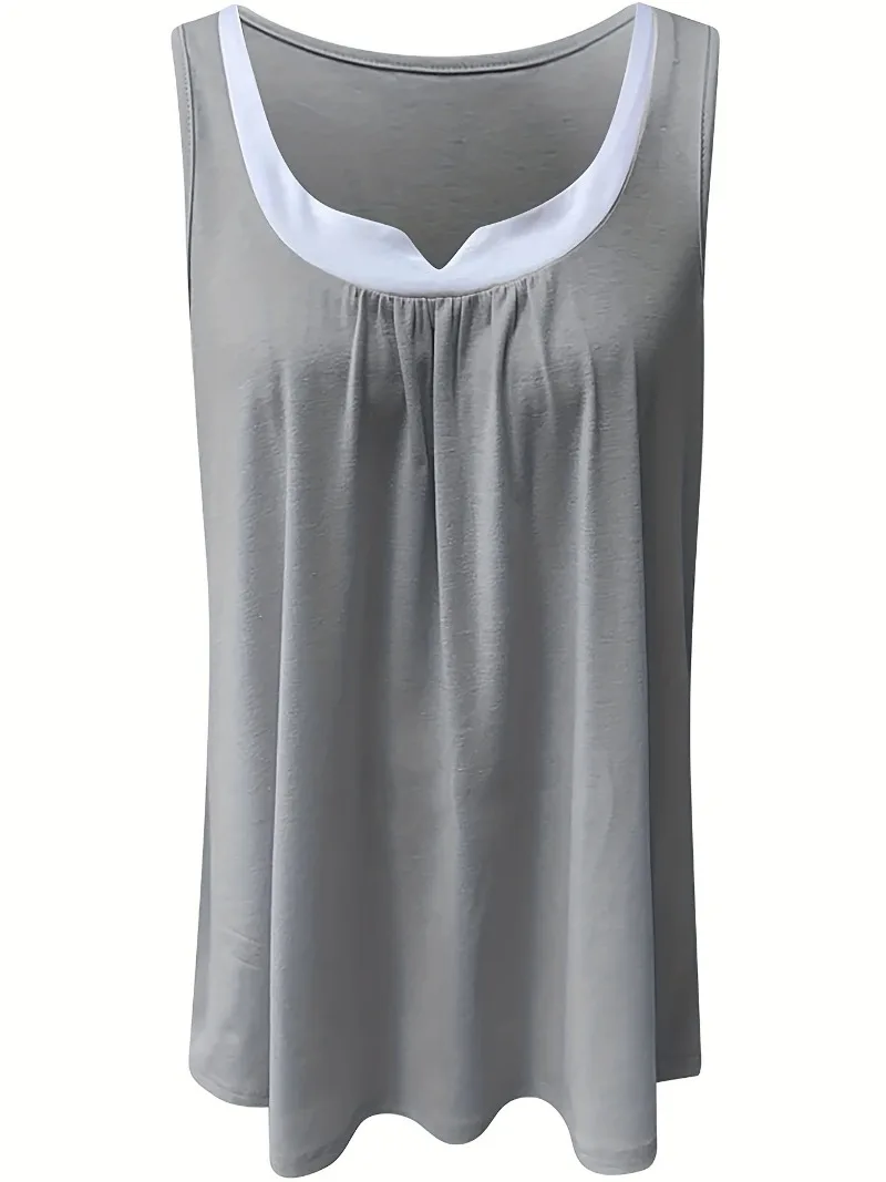 Plus Size 1XL-5XL Women's Casual Loose Comfortable Fit Patchwork Pleated Sleeveless Tank Tops 3