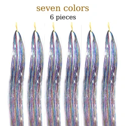 Sparkling Multi-Color Hair Tinsel Kit with Application Tool - 1200 Strands of 48-Inch Synthetic Extensions - 36inches-6 pcs (7 colors)