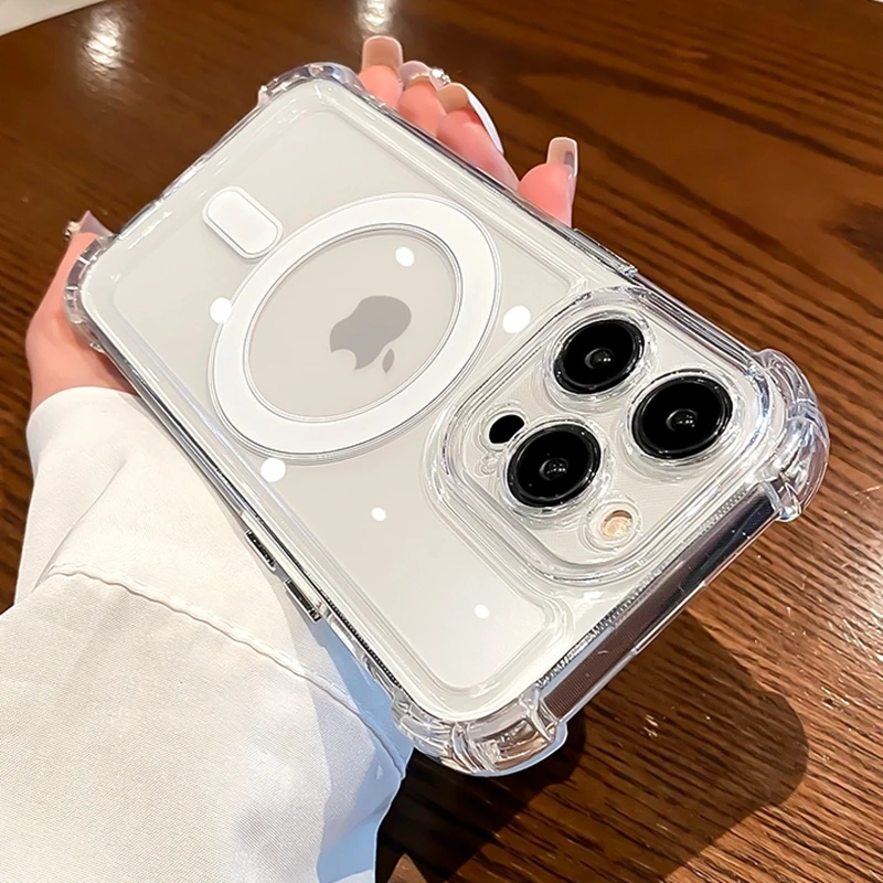 Luxury Wireless Charge Magsafe Transparent Case For iPhone 15 16 14 13 11 12 Pro Max Plus Magnetic Shockproof Soft Bumper Cover