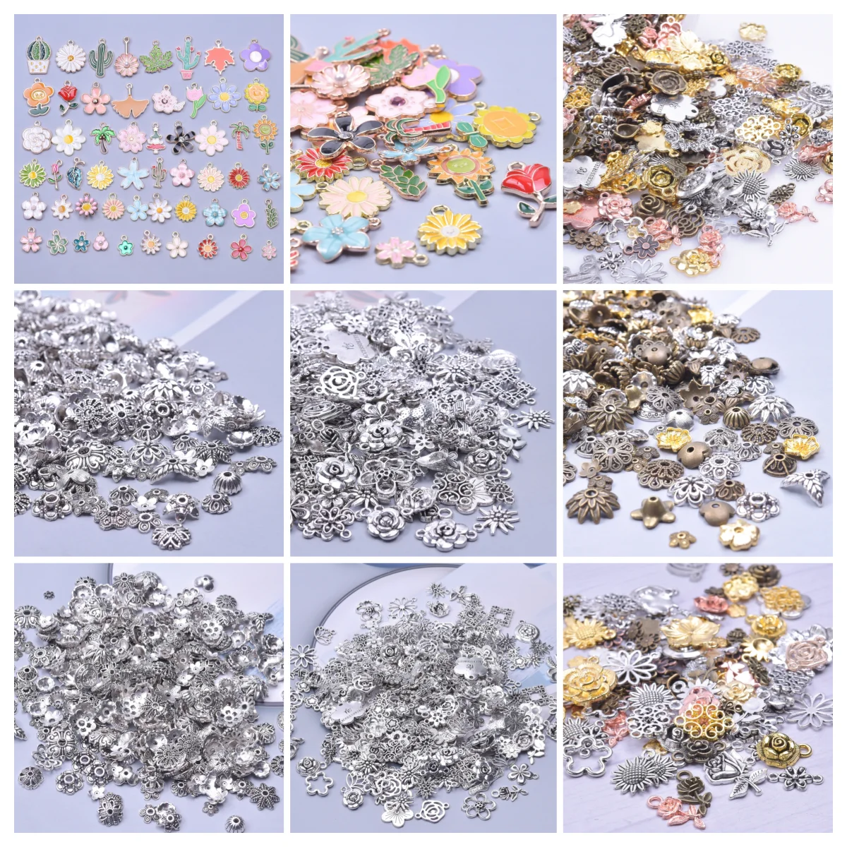 

30PCS Random Mixed Charms 200+ Styles Plant Flower Charms Daisy Sunflower Rose Pendant Flower Bead Caps for Jewelry Making DIY
