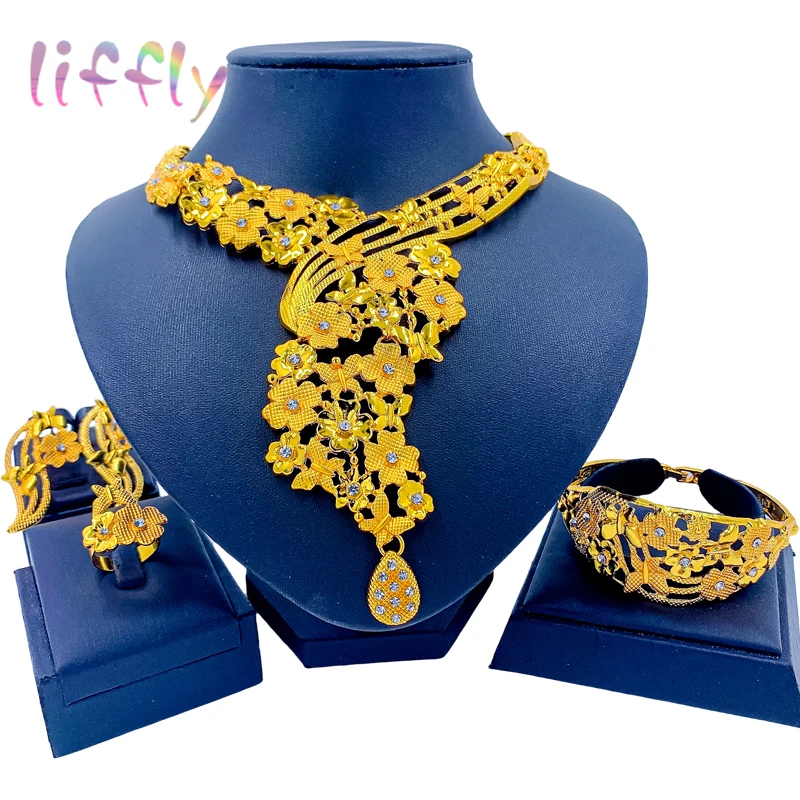 ItalianGoldPlatedJewelrySetforWomen24KLuxuryFlowerCrystal