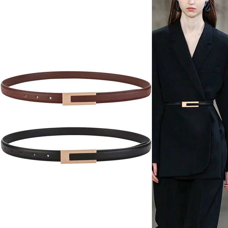 

Simple Women Genuine Leather Belt Vintage Female Thin Waistband Gold Metal Buckle Dress Coat Jeans Decor Waist Straps Cinturones