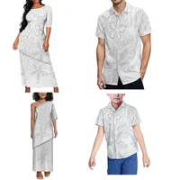 Women'S White Sunday Dress Set Samoa Puletasi Family Party Set Polynesian Ethnic Mother'S Day And Men'S Pocket Shirt - Image 3