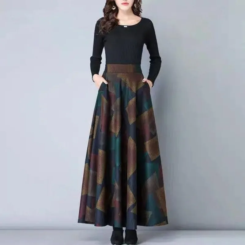 Spring and Autumn Printed Pocket Elastic Mid Length High Waist Slim Fit Fashion Casual Elegant A-line Half Length Dress