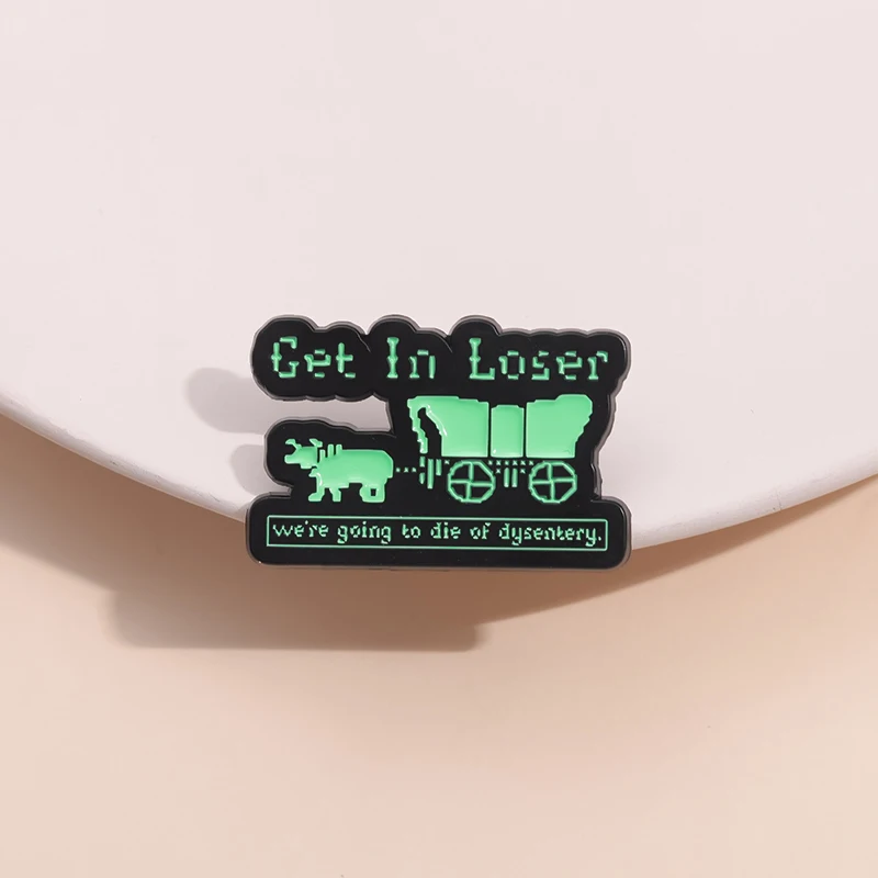 Bücherwurm, humorvolle, kolloistische Emaille-Anstecknadel „Get In Loser We'Re Going To Die Of Dysentery“, Pixel-Hundespiel-Brosche, Anstecknadel im Großhandel