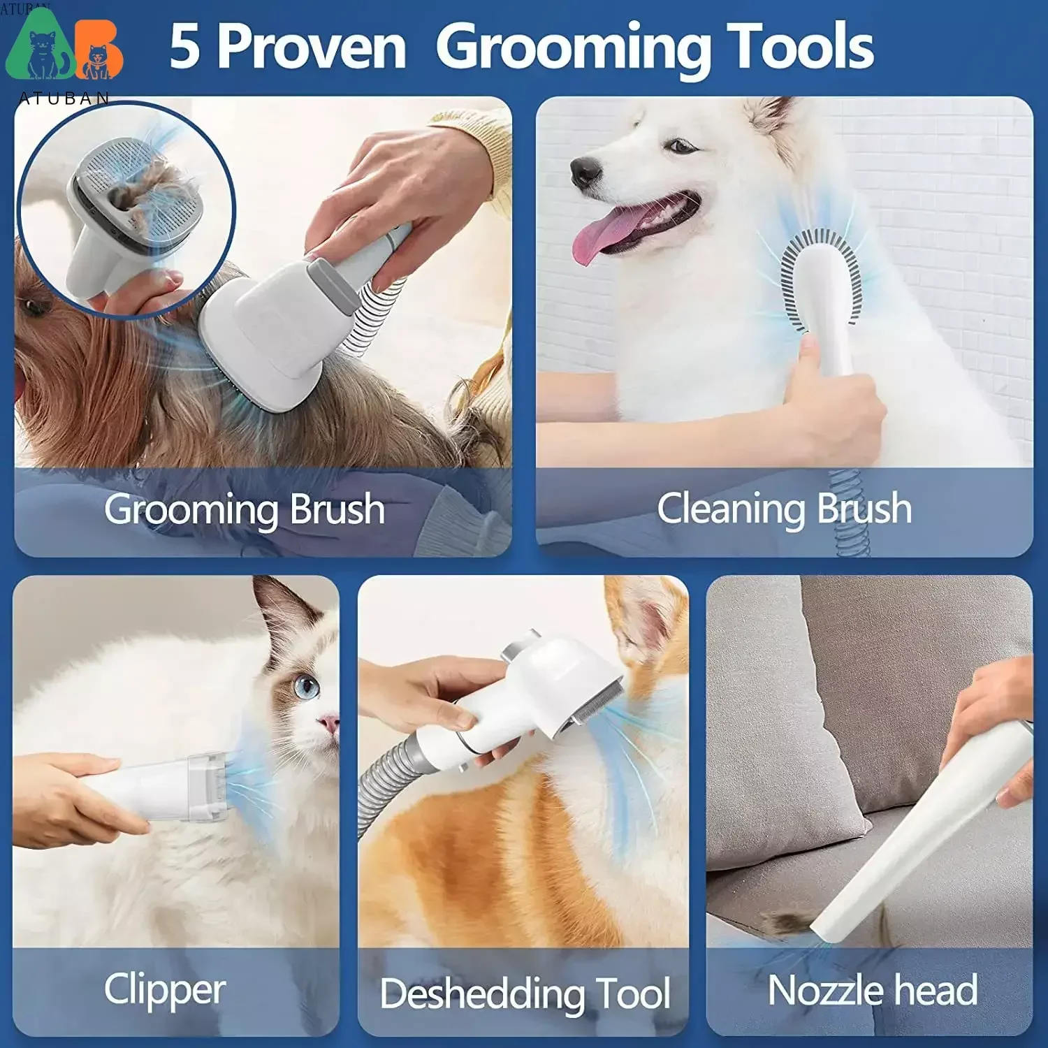 ATUBAN Pet Grooming Vacuum & Dog Grooming Kit with 2.3L Capacity Larger Pet Hair Dust Cup Dog Brush for Hair Vacuum Cleaner