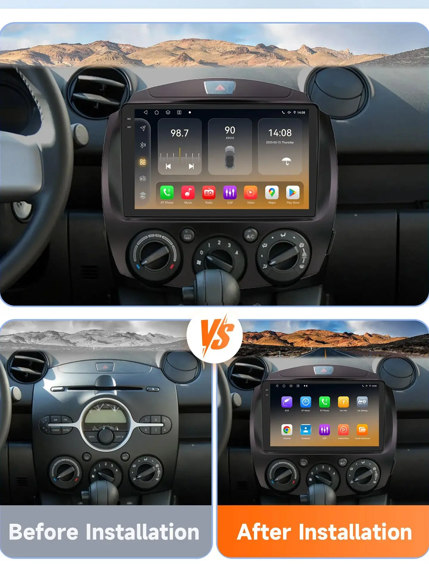 Reproductor de Radio para coche Android 2Din para MAZDA 2 Mazda 2 2007 - 2014, Multimedia para coche, GPS, Carplay inalámbrico, con pantalla táctil inteligente Qualcomm Snapdragon 6115 3